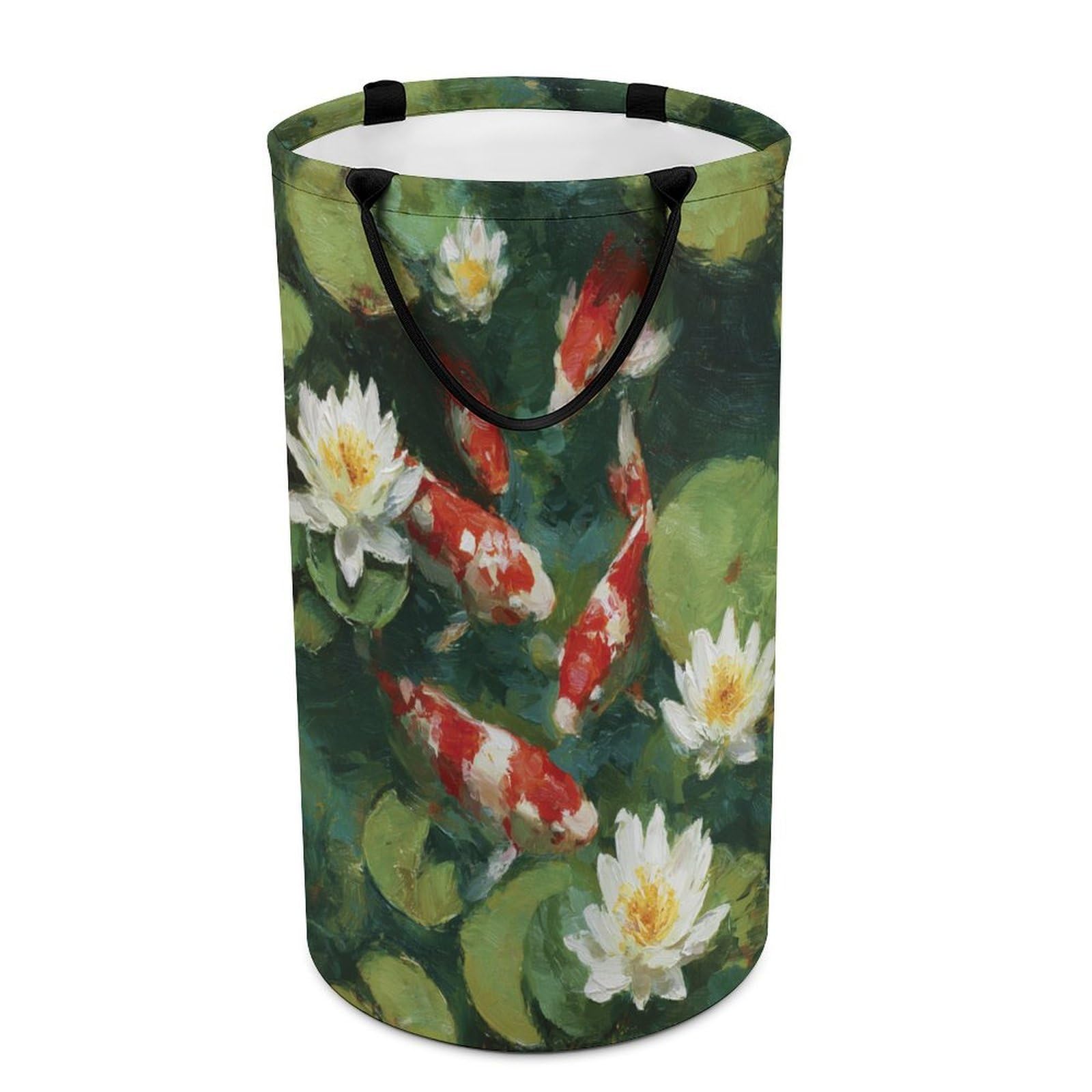 LUYYSKY Classic Aesthetic Japanese Fish Collapsible Dirty Clothes Basket, Vintage Asian Botanical Plant Lotus Flowers Leaves Animal Fish Portable Clothes Storage Laundry Basket-40 CM Dia, 69 CM High