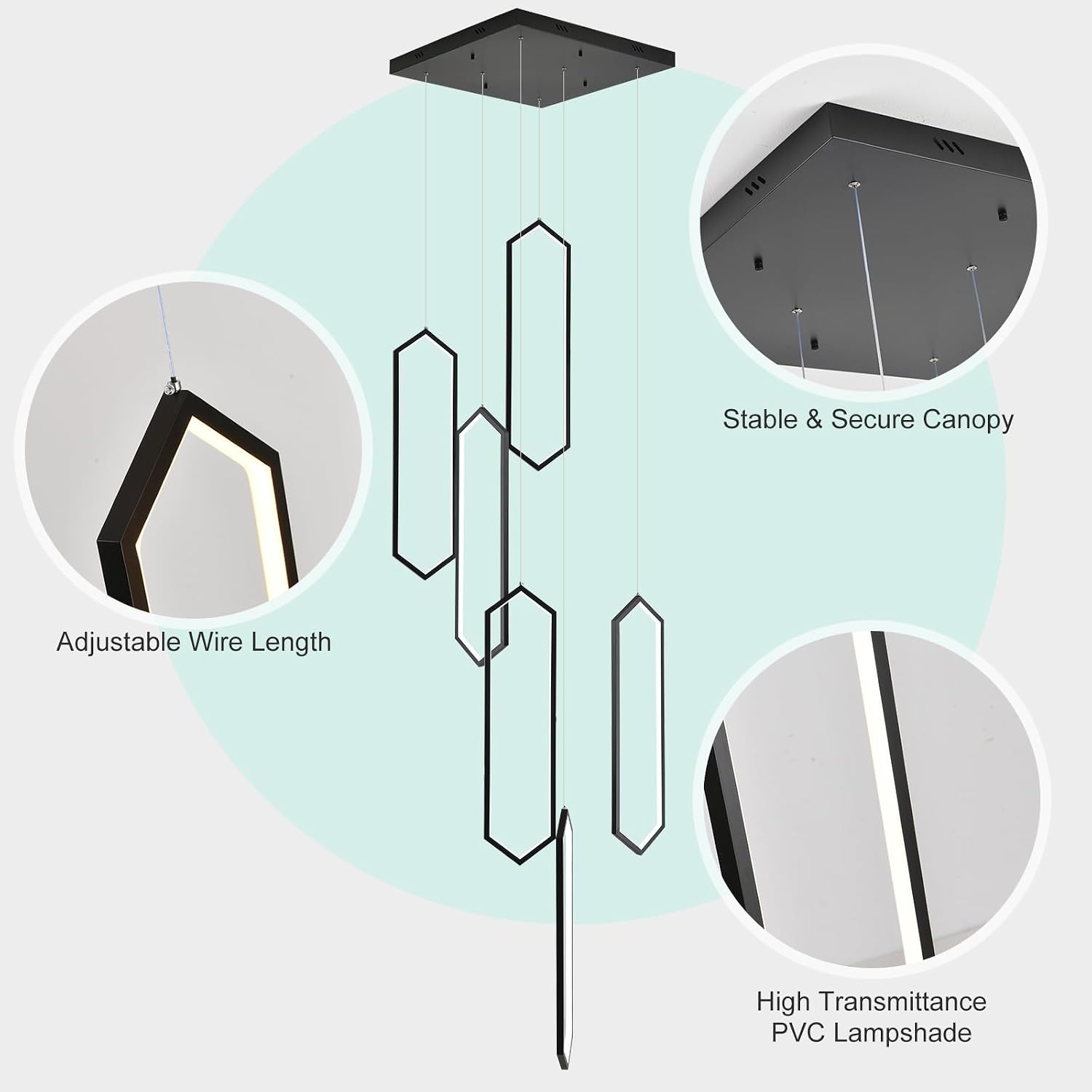 GEADI Foyer Chandeliers for High Ceilings,6-Light Modern Dimmable Led High Ceiling Chandelier with Remote Control,Black Large Chandelier Staircase Pendant Light Fixture for Entryway(3000-6500K)