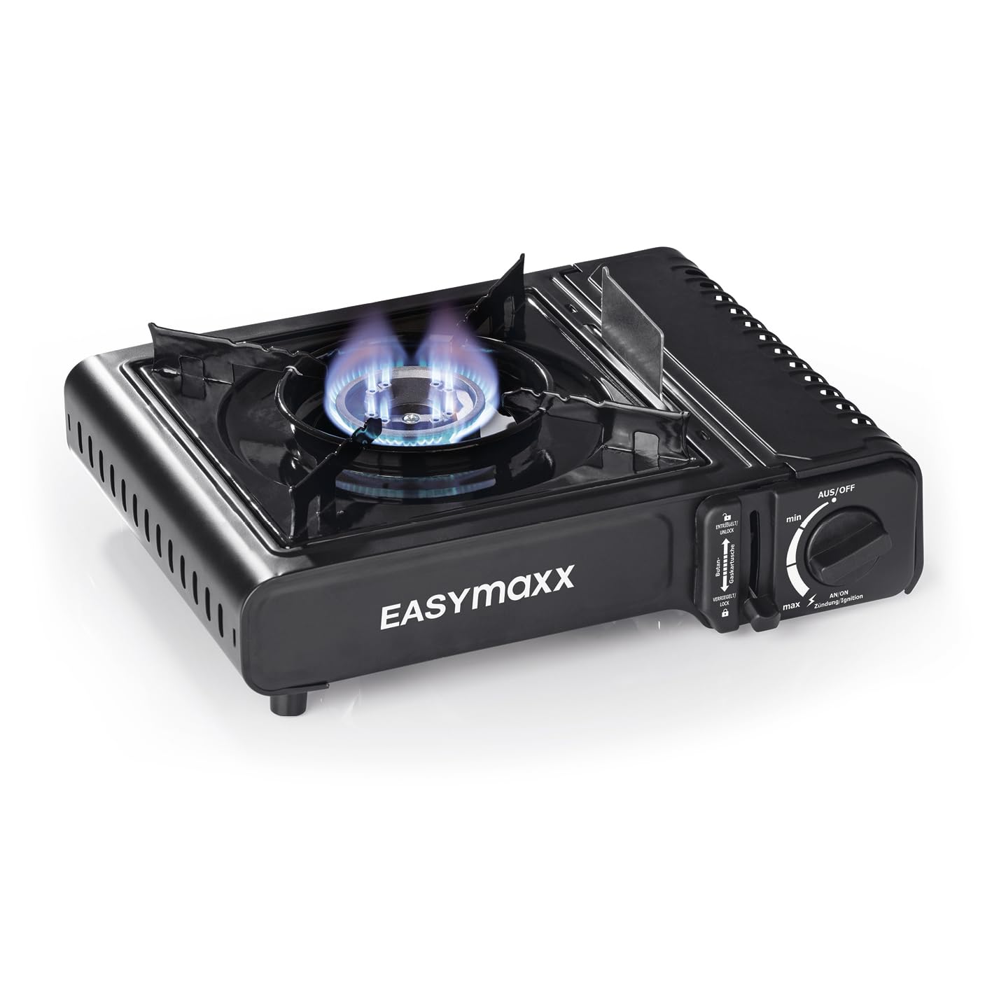 EASYmaxx, Estufa de gas portátil, compacta con estuche de transporte, estufa de exterior de ajuste continuo con encendido piezoeléctrico automático, ideal para el camping