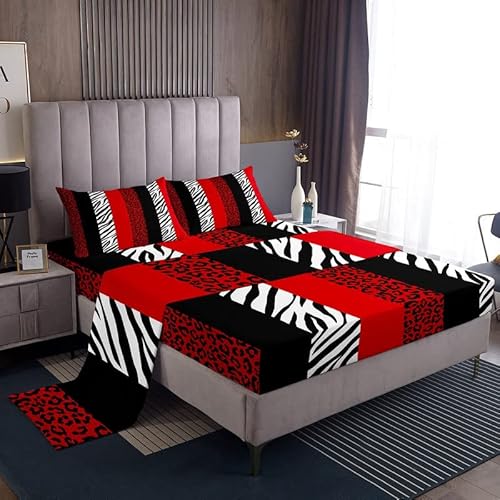 Leopard Print Sheet Queen,Zebra Skin Texture Bedding Set For Kids Teens Adult,Striped Fashion Black White And Red Bed Sheet Set 4Pcs With Deep Pocket Fitted Sheet + Flat Sheet + 2 Pillowcases #TOP14