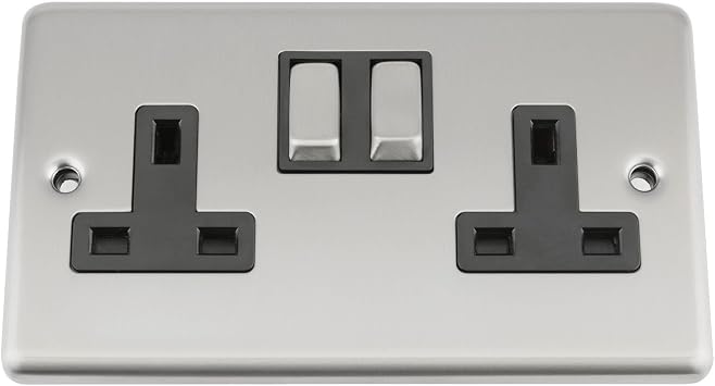 A5 Wall Double Socket 2 Gang - Satin Matt Chrome Classic - Black Insert - Metal Rocker Switch