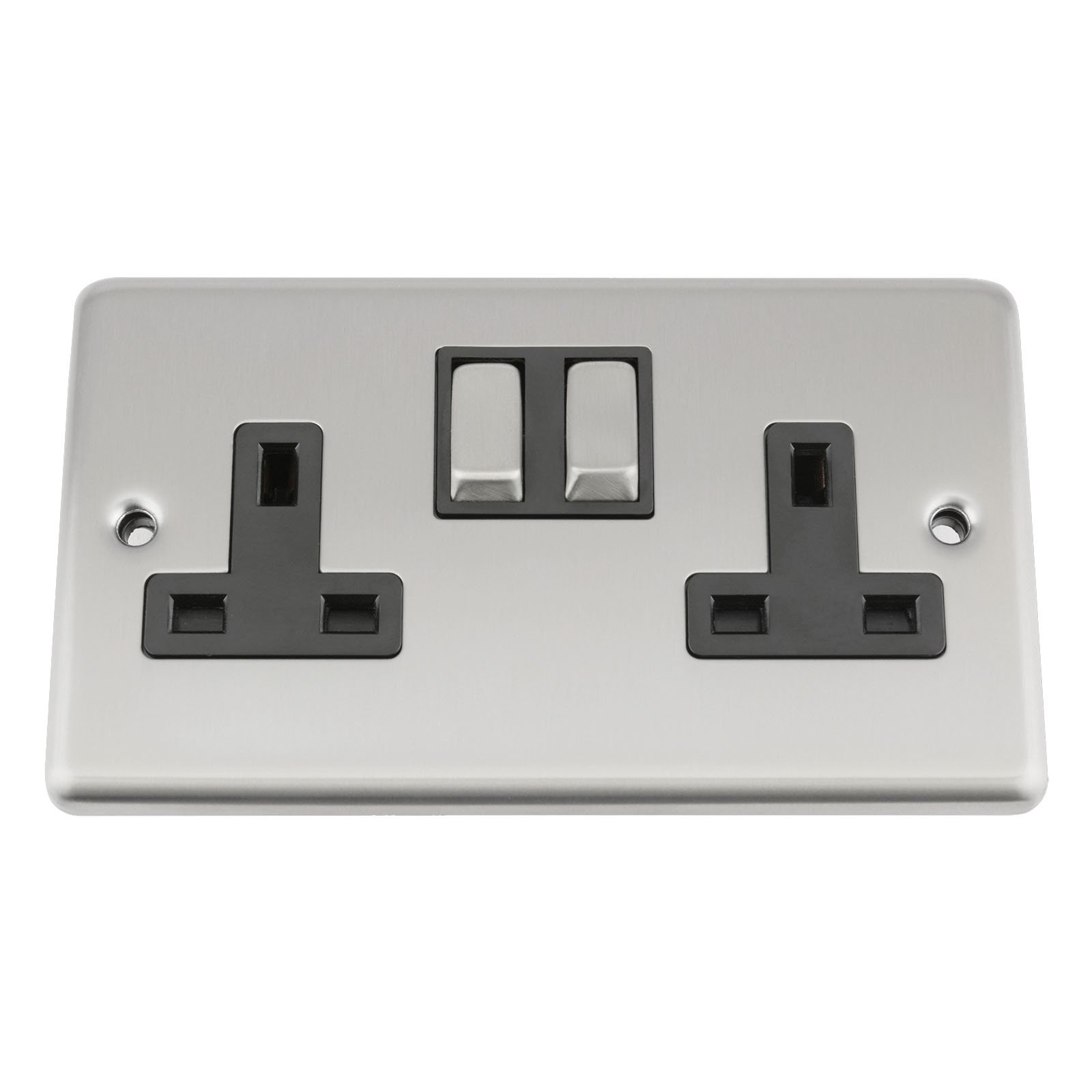 A5 Wall Double Socket 2 Gang - Satin Matt Chrome Classic - Black Insert - Metal Rocker Switch