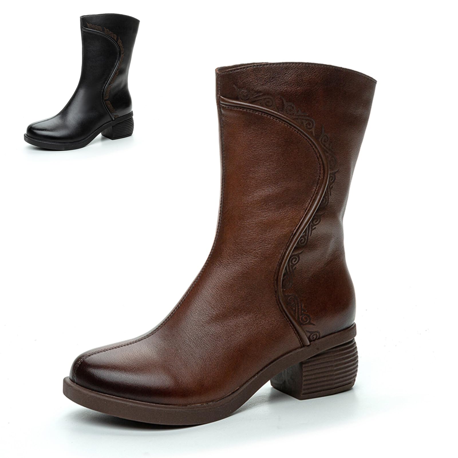 Womens Genuine Leather Chunky Block Heel Mid Calf Boots Retro Pattern Round Toe Side Zipper Soft Sole Casual