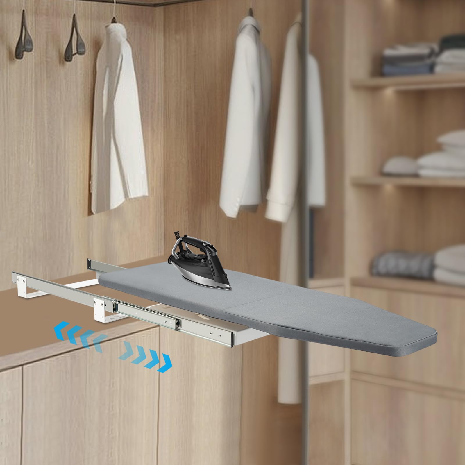 Asse da stiro pieghevole, girevole a 180°, struttura in acciaio rinforzato, portata 45 kg, alluminio e MDF, salvaspazio, per case, appartamenti e cura del bucato, grigio