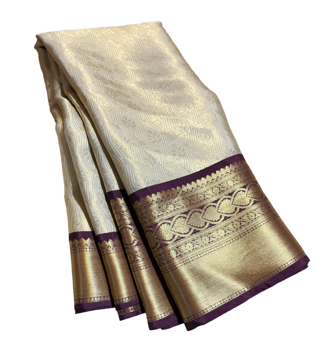 Kanchipuram Silk Saree, Off-White with Purple Border, Golden Zari Work, Traditional Bridal Wear-picture-25