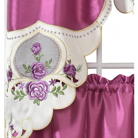 GOHD GOLDEN OCEAN HOME DECOR Rose Melody. 3pcs Kitchen Cafe Curtain Set. Swag and 24 inches Tiers Set for Small Windows. Nice Matching Color Rose Embroidery on Border and Inserted Organza(Fuchsia) Cover