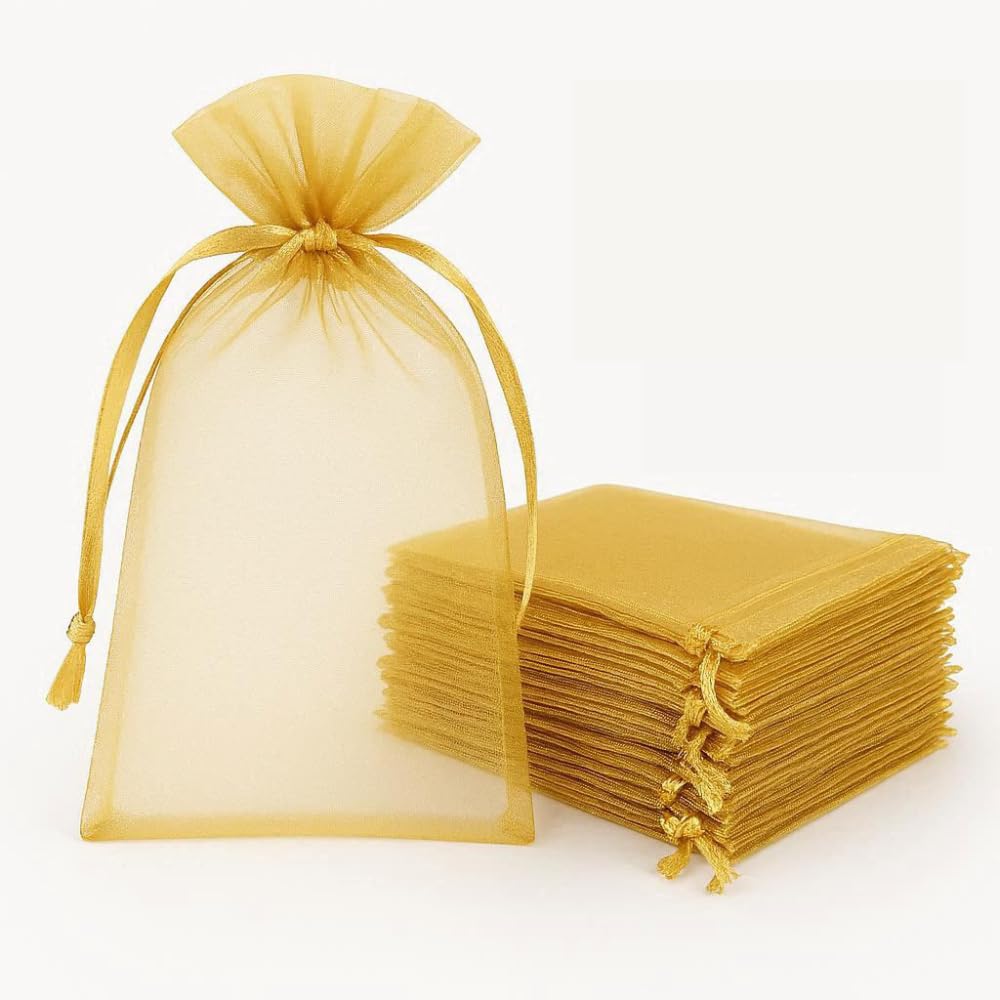 100 Pcs Gold Organza Gift Bags 5x7cm Mini Jewellery Pouches Small Wedding Favour Bags Drawstring Mesh Lavender Candy Sacks for Party Christmas