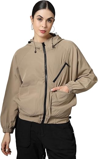 CHKOKKO Womens Stylish Oversized Windcheater Hoodie Jacket with Zip Closure Lightweight Sportswear for Running Travel Hiki...