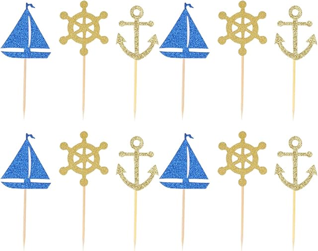 Kisangel 24 Pcs Cupcake Toppers Nautical Cake Topper Anchor Boat Cake Picks Cake Toppers for Festival Party Banquet Birthday