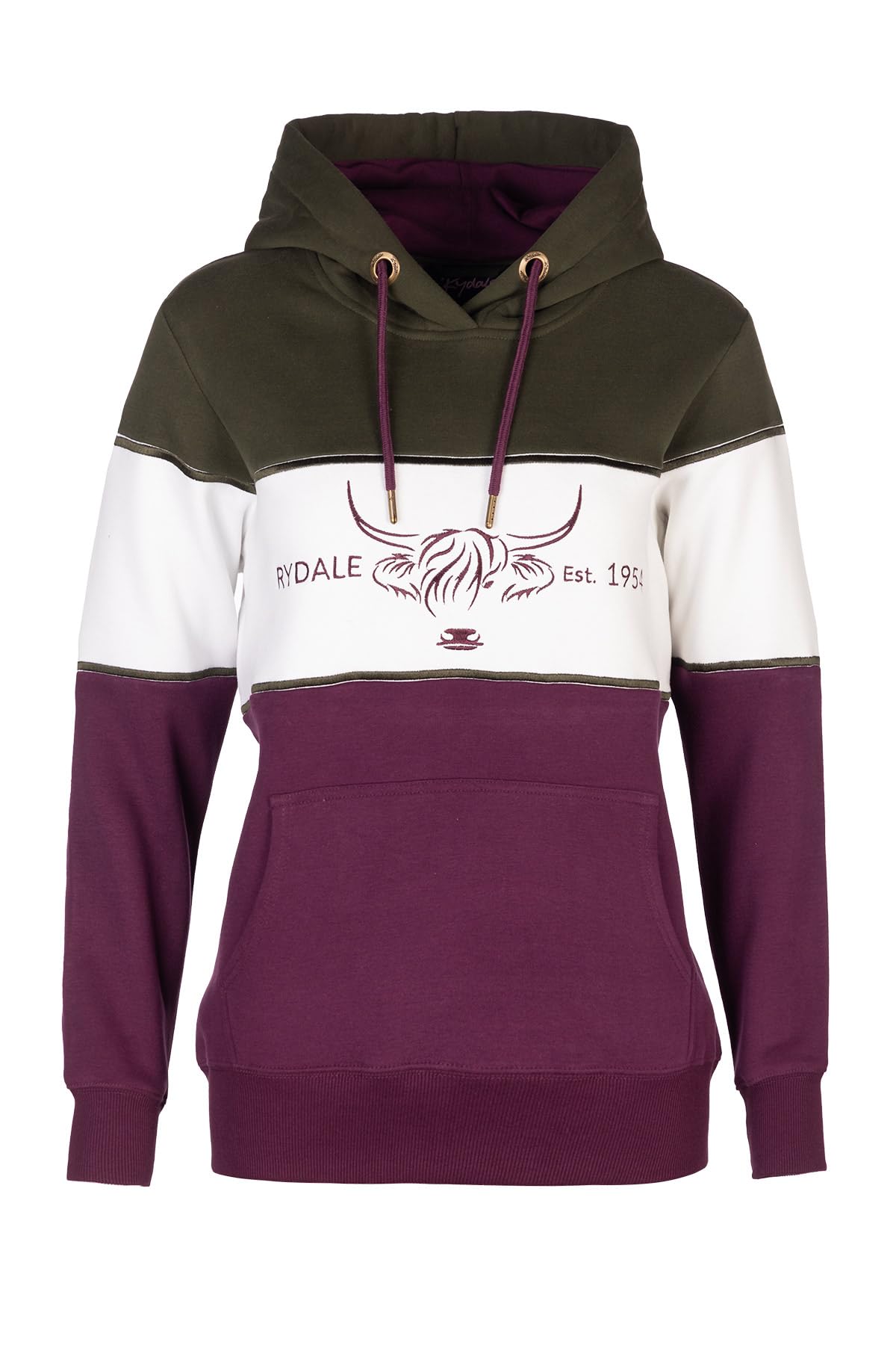 Rydale Women's Cow Olive/White/Berry Overhead Country Hoody Highland Cow Embroidery Jumper (Uk, Numeric, 16, Regular, Regular, )