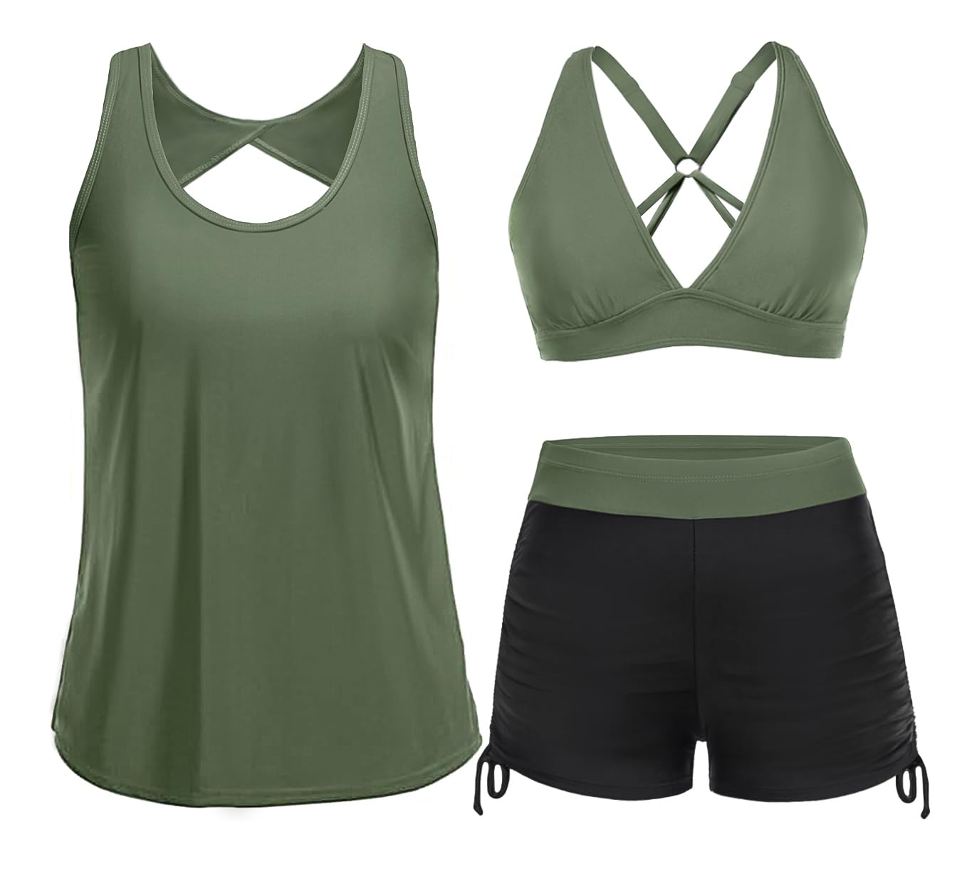 Yonique 3 Piece Tankini Swimsuits for Women Swim Tank Top Bathing Suits with Boy Shorts and Bra Athletic
