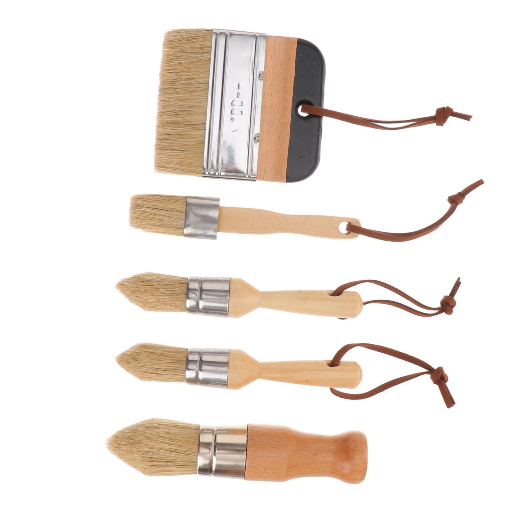 Lot de 5 Set de Pinceaux Ronds à Manche en Bois pour Peinture et Cire