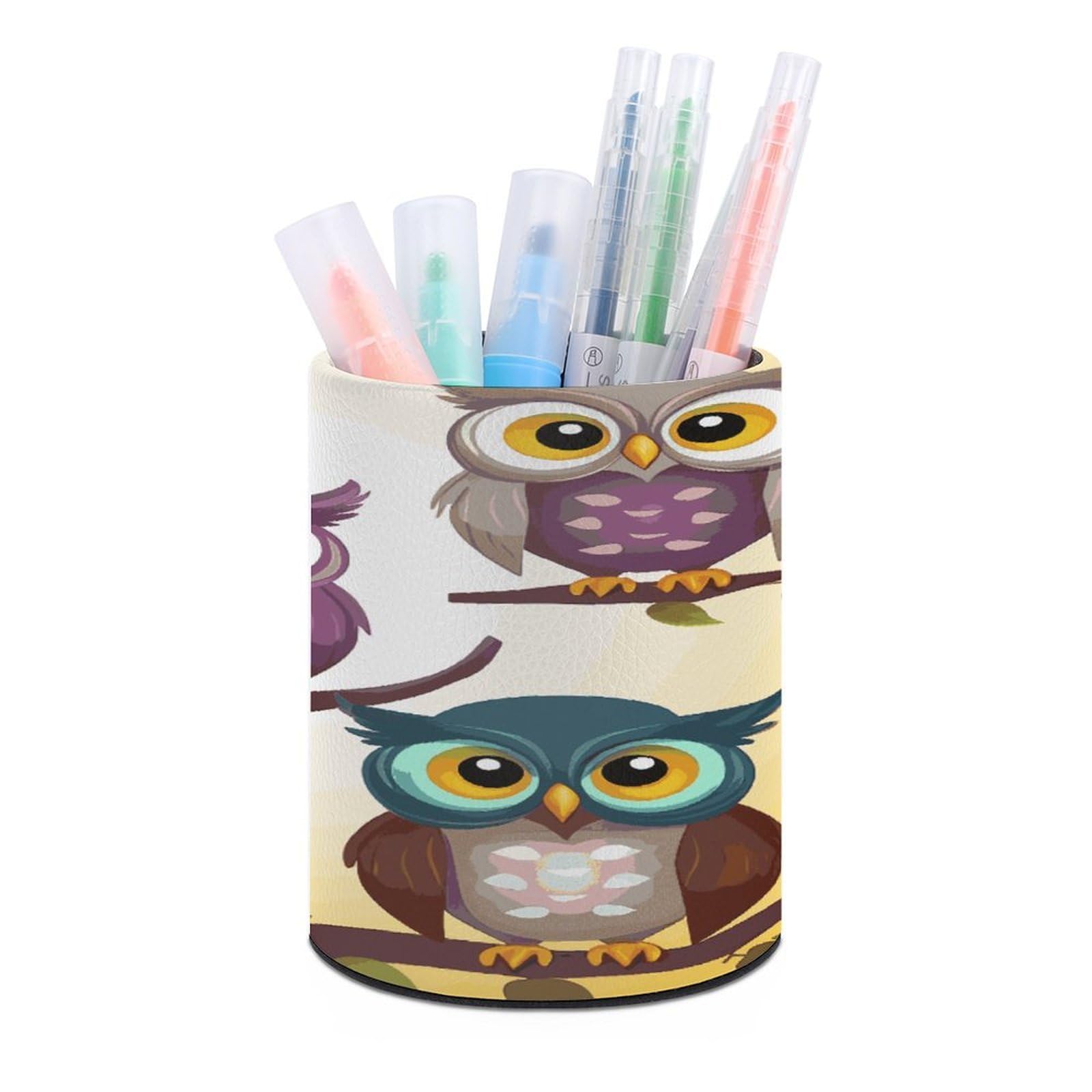 FekiLoot Owls Birds Pen Holder Cup Fashion PU Leather Pencil Cup Minimalist Pen Organizer Round Pencil Holder Stand Work Locker Accessories for Decoration Desk Office Home