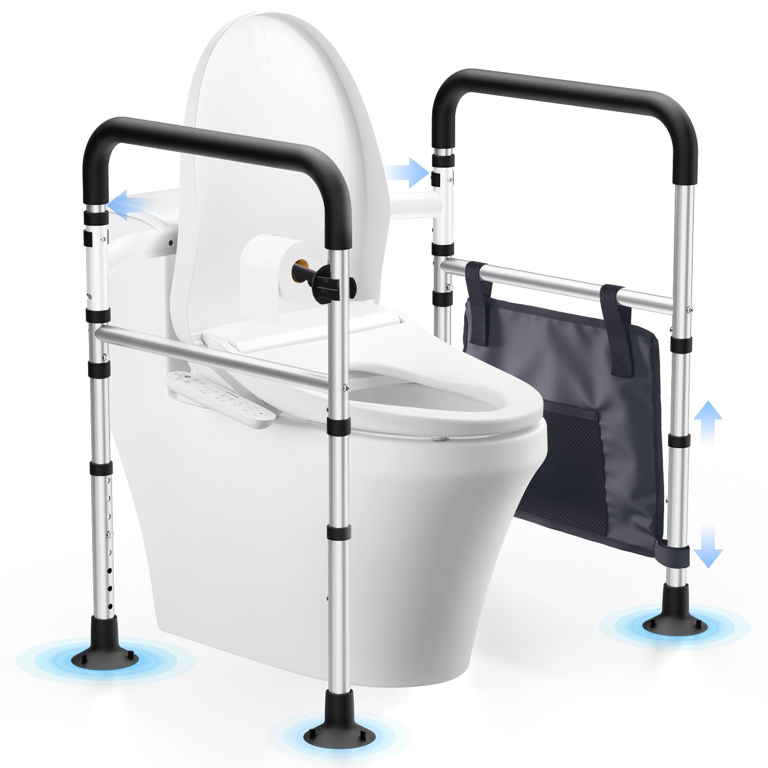 WHLICKS Toilet Safety Rails, Height &amp; Width Adjustable Detachable Toilet Safety Frame for Seniors, Elderly &amp; Disabled, Foldable Handicap Toilet Rails with Handles Storage Bag, Tissue Holder (350LB)