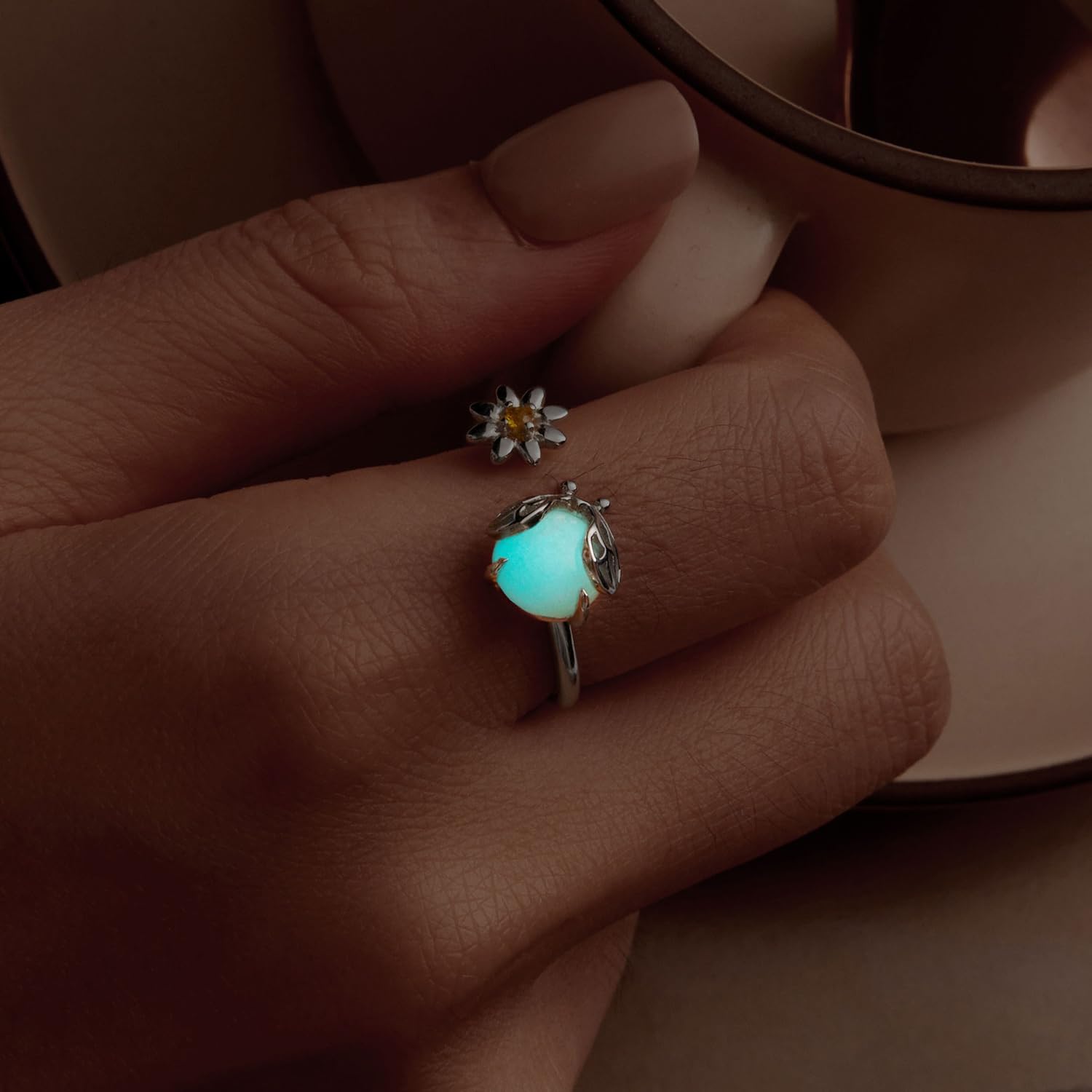 Feng Shui， 925 Sterling Silber Blumenring Weißer Opal Mondstein Ringe Verstellbarer offener Ring für Frauen mit Schmuck