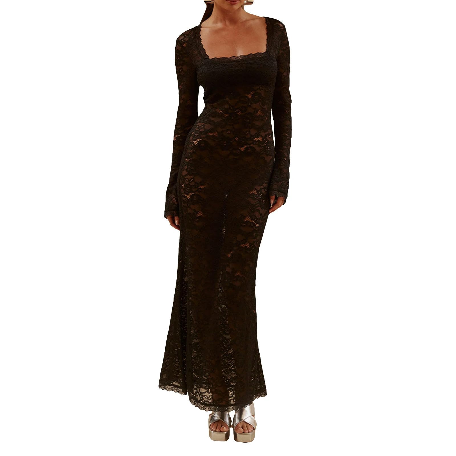 Generic Vestidos de Noche Largos para Mujer Vestido Floral de Encaje con Cuello Cuadrado y Manga Larga