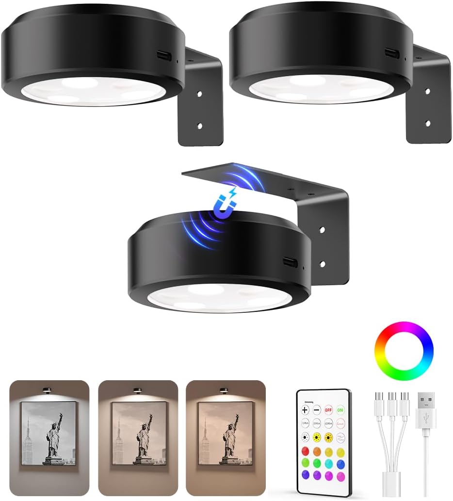 EZVALO 3-Pack Rechargeable Magnetic Picture Lights for Wall Art - 2000mAh Battery, 3 Color Temps, 12 RGB, Remote Dimmable Timer