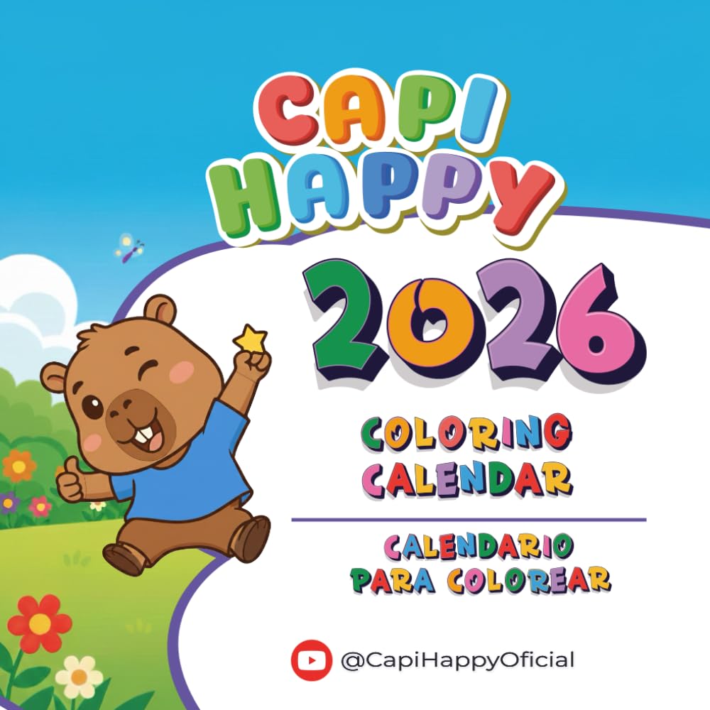 Calendario de Capibara para Colorear 2026 Capi Happy: Calendario Bilingüe (Español-Ingles) | Actividades Mensuales para Niños y Niñas | Grande y Fácil de Pintar