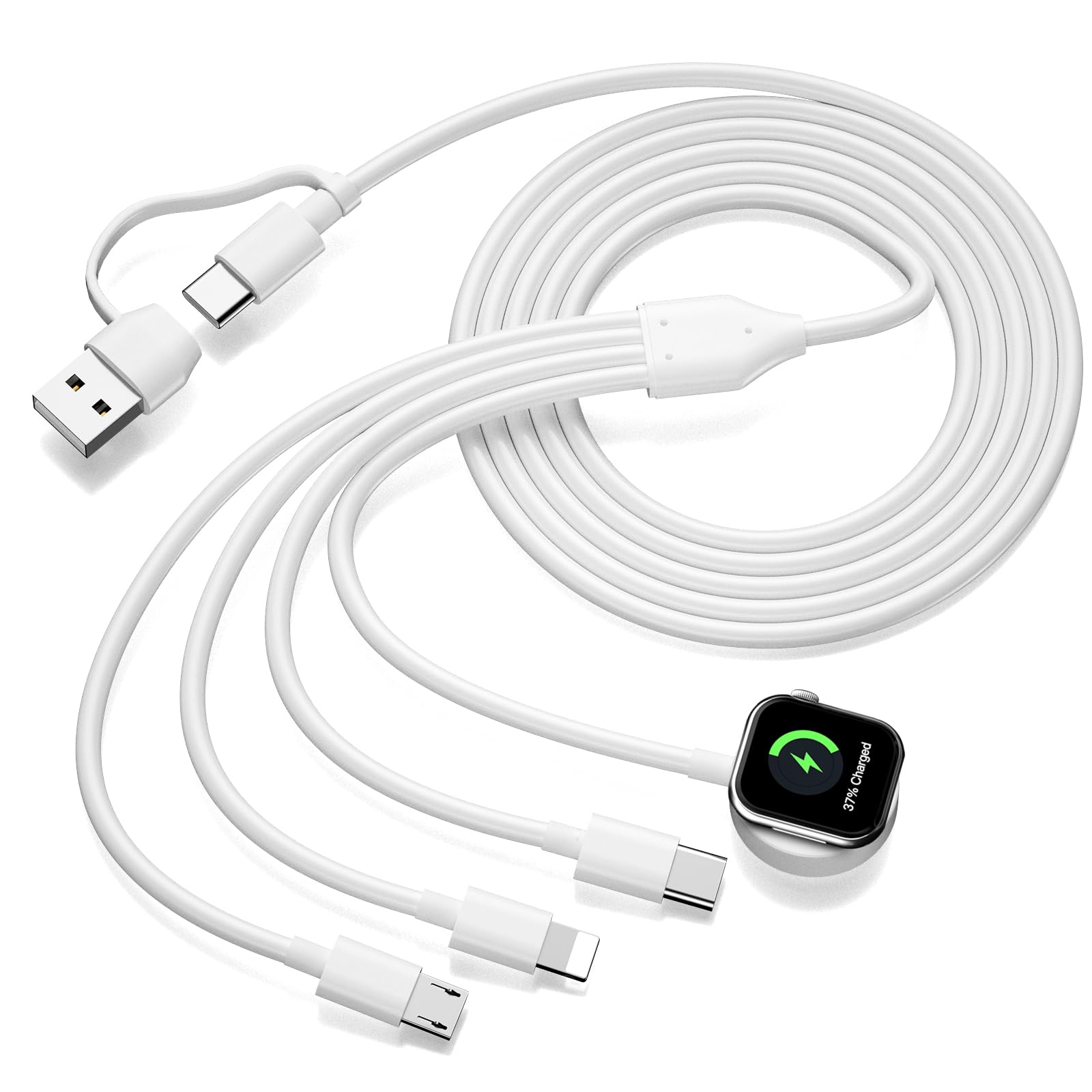Photo 1 of 4 in 2 Multi Charging Cable for Apple Watch Charger, USB C Universal Travel Charger with Type C/Lighting/Micro Compatible with Phone 15 14 13 Watch Series 9/8/7/6/5/4/3/2/1 Galaxy S23 S22