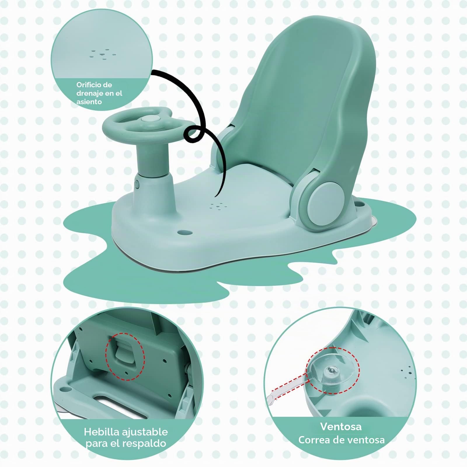 Asiento de baño para bebé con respaldo ajustable, silla de ducha plegable para bebés con ventosa fuerte, portátil para bebés a partir de 6 meses, verde