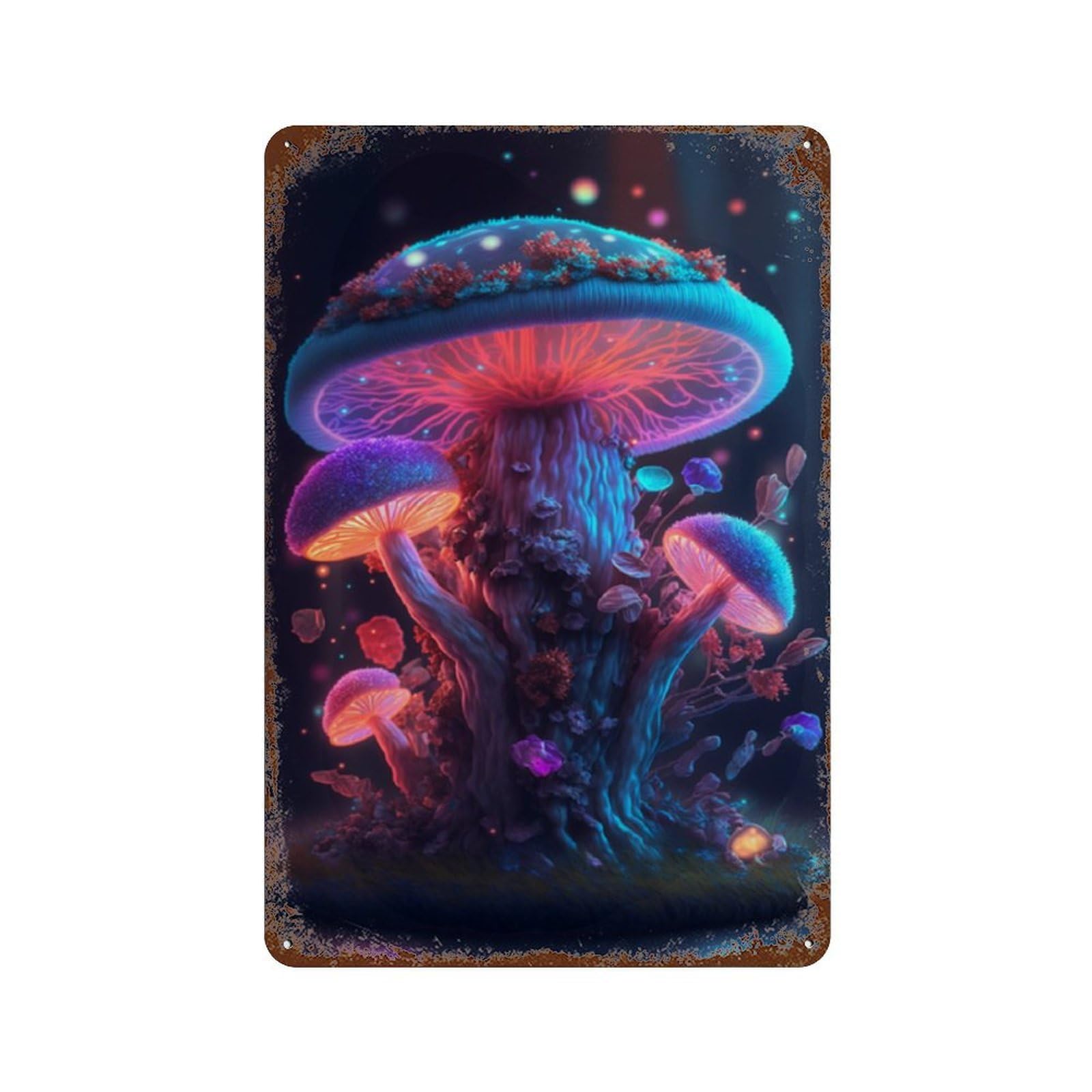 Rusty Metal Tin Sign with Glowing Fantasy Mushrooms Design 11.8"x7.9", for Farmhouse, Kitchen And Entryway Decor, Classic Wall Plaque