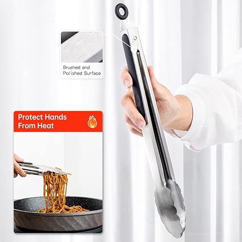 Miniatura 4 de Pinzas de cocina de 9 y 12 pulgadas, pinzas de metal de acero inoxidable, pinzas de cocina, para cocinar barbacoa, parrilla, servir buffet (9 + 12