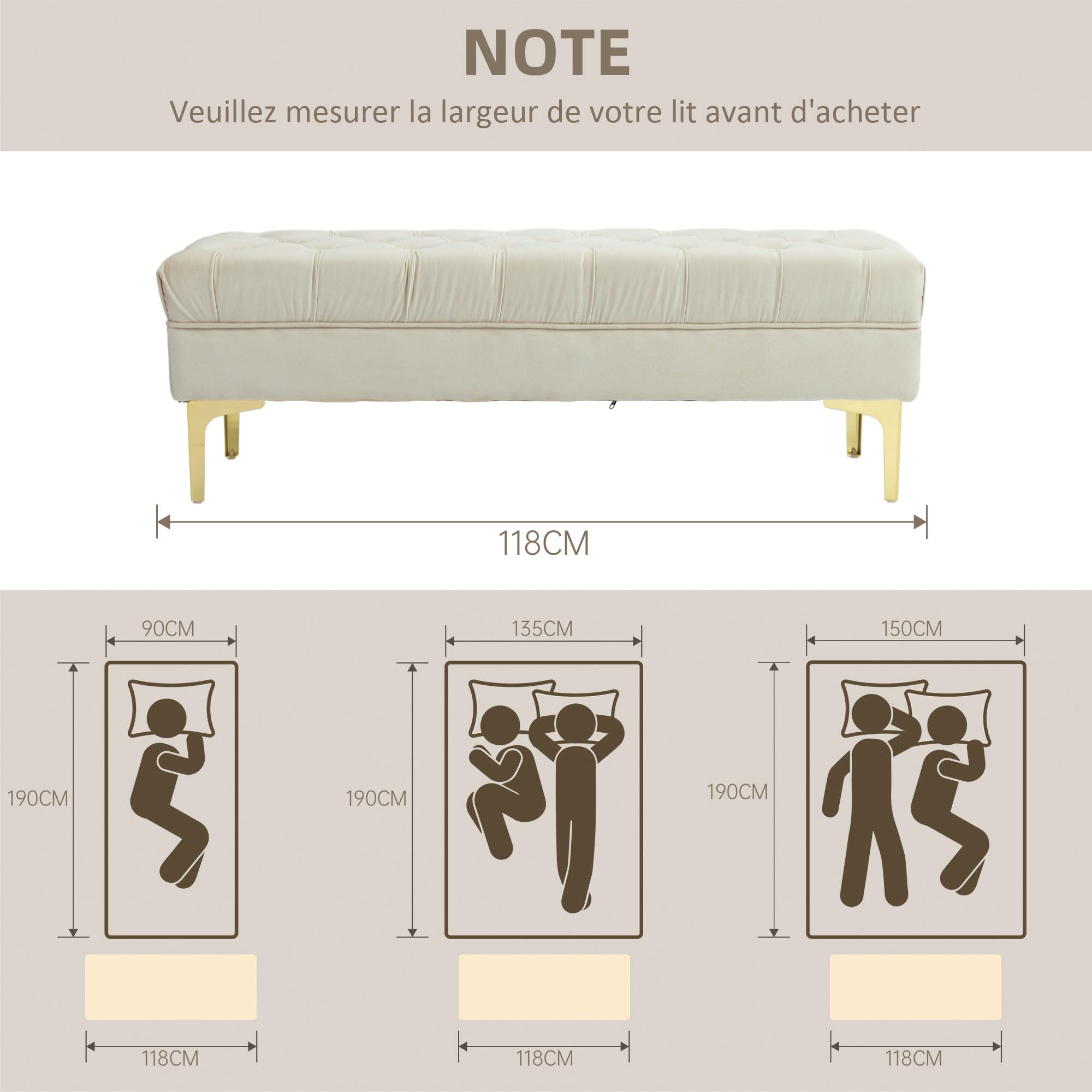 HOMCOM Banco tapizado al Final de la Cama Estilo clásico Chic Dim. 118L x 45W x 42H cm Base de Metal Dorado Terciopelo Beige