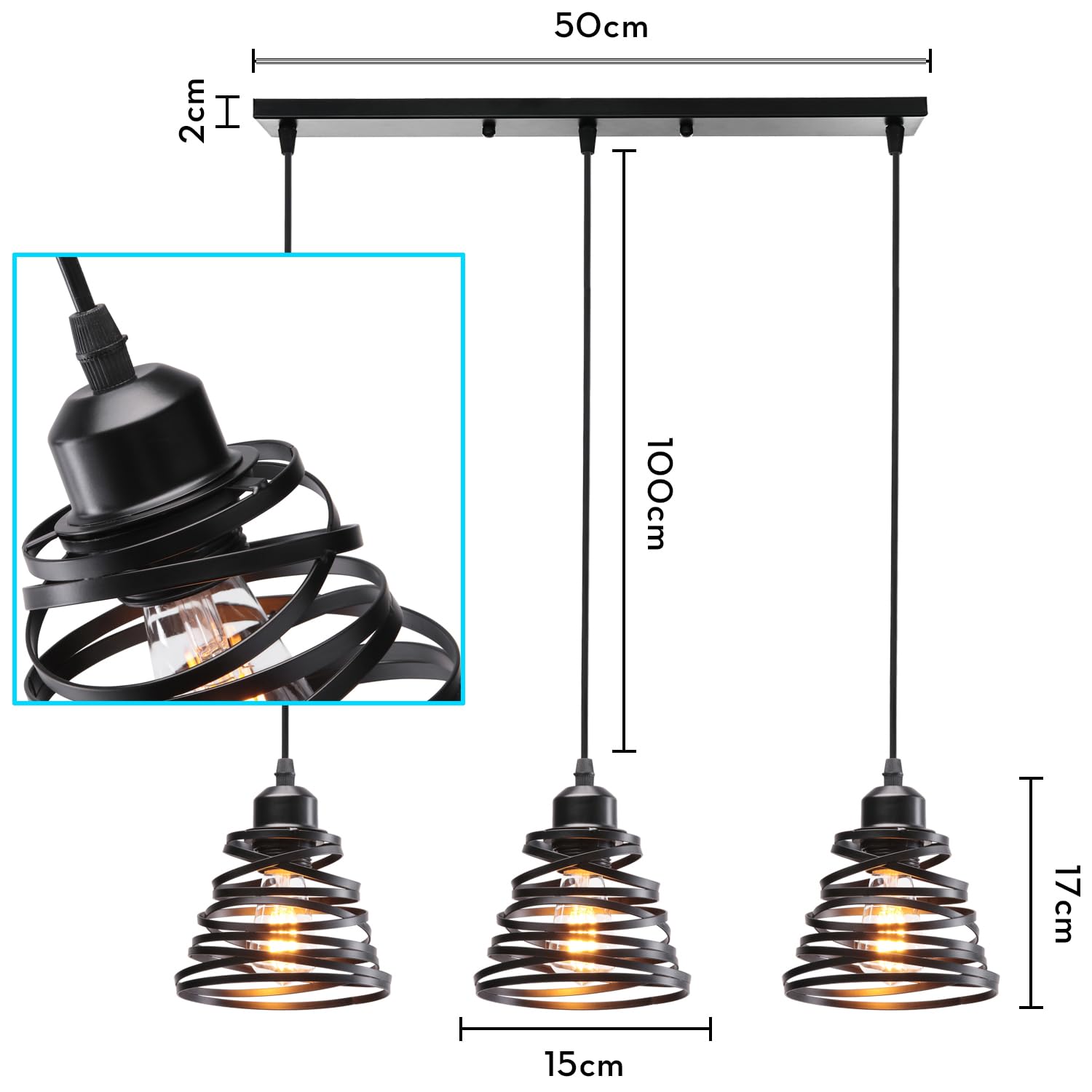iDEGU 3-flammig Pendelleuchte Moderne Spirale Design Metall Lampenschirm E27 Vintage Lampe Industrielle Hängelampe für Schlafzimmer Wohnzimmer Küche Esszimmer (3-flammig Hängeleuchte, Schwarz, Balken)