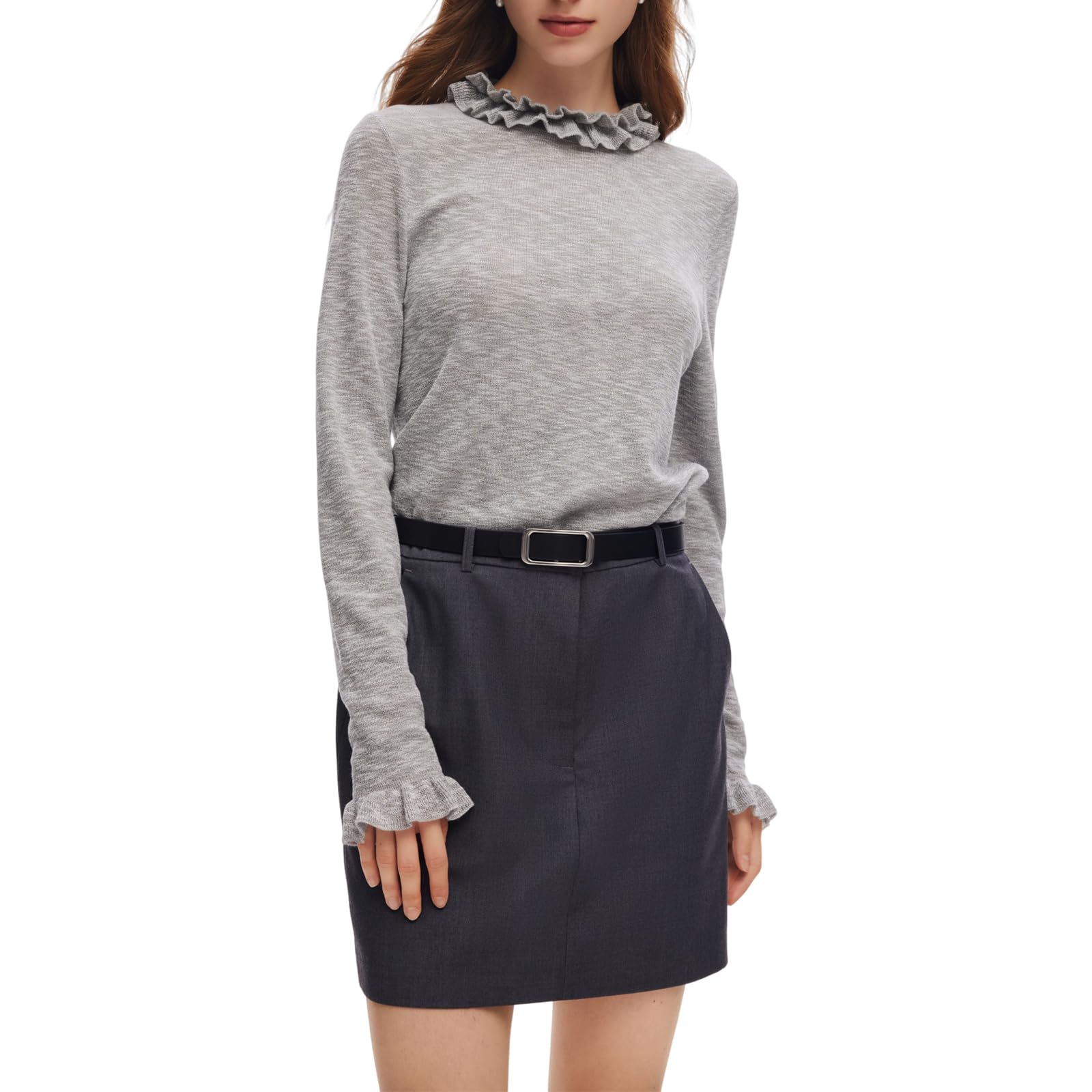 GOELIA Womens Ruffle Neckline Knit Top Long Sleeve Basic Crew Neck Pullover Sweater Tops