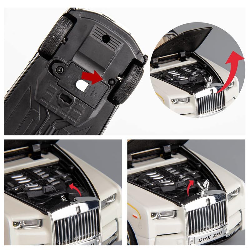Image of PINQUE Kids Diecast Metal Car 1:32 R Royce Phantom, Pull Back, Openable Doors, Music Sound & Light, Boys Age 4+ (White)