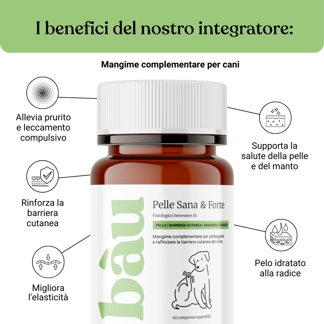 Bau Rimedio Dermatite Cane Anti-Prurito Allergie Stagionali, Alleviano il Prurito Cane, Ingredienti Naturali per la Salute della Pelle del Cane, Ideale per Cani con Pelle Arrossata -60cps