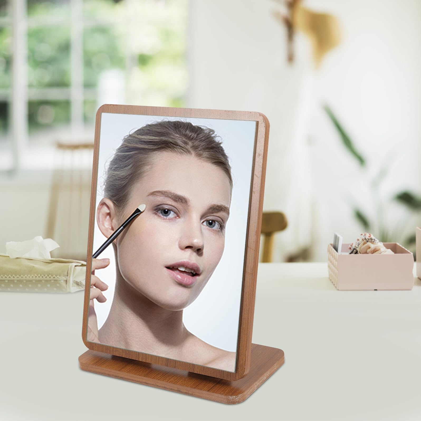 Specchio Elegante per Trucco in Legno Marrone Design Girevole Regolabile Specchio da Tavolo per Camera da Letto e Bagno