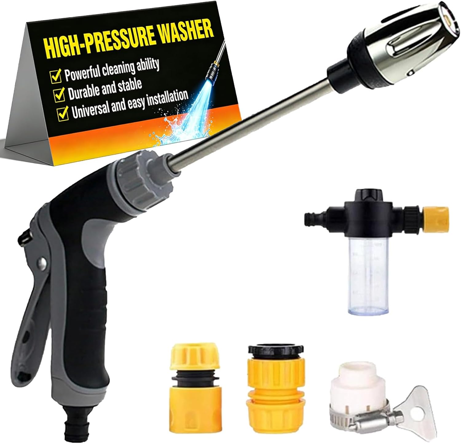 Pressure Washer – 15x More Powerful Than Hoses Portable Spray Nozzle Car Pressure Cleaner Stainless Steel Universal Compatibility 360° Rotating for Three Spray Modes with Foam Pot(2PCS)