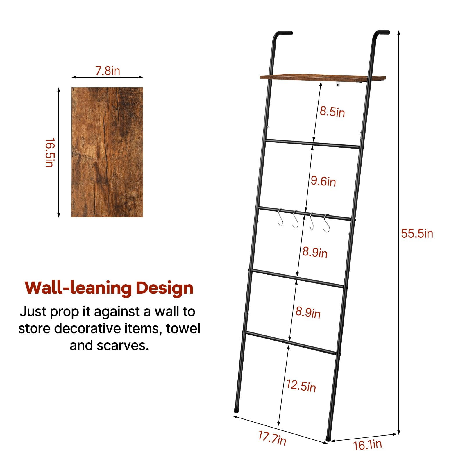 Blanket Ladder Set of 2 Blanket Rack for Living Room Wall Ladder with Shelf and 8 Hooks Towel Ladder for Bathroom Farmhouse 5-Tier Metal Bath Towel Storage Black