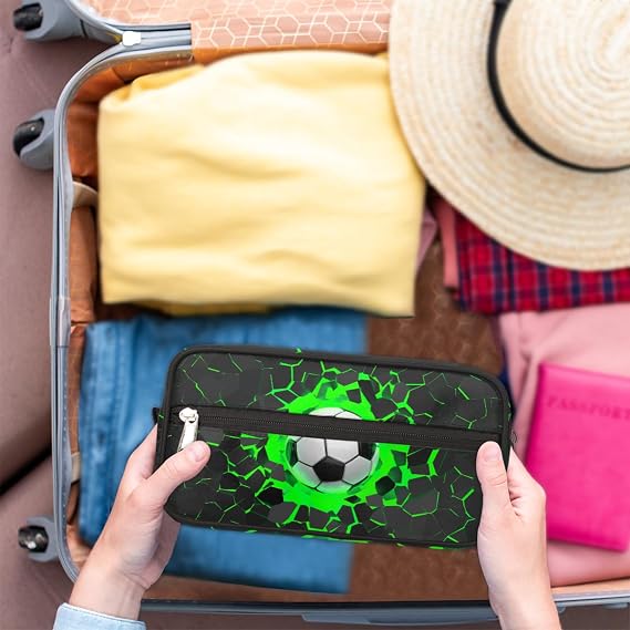 Kids Travel Toiletry Bag - Waterproof Hanging Cosmetic Hygiene Bags for Boys Men - Large Shave Kit for Toiletries Accessories Bathroom Stuff, Green Soccer Ball
