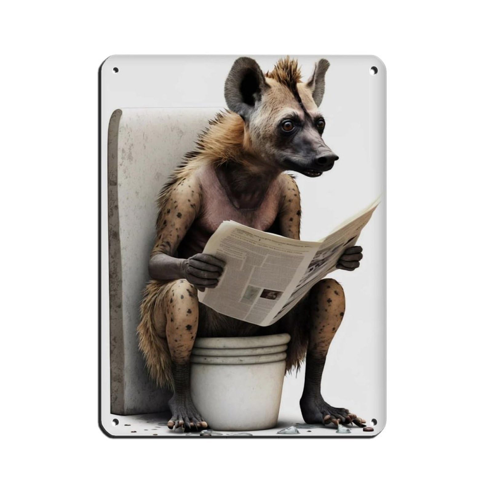 Hyena Sitting on The Toilet Reading A Newspaper Tin Sign Vintage Metal Pub Club Cafe Bar Home Wall Art Decoration Poster Retro 12x16inch(30x40cm)