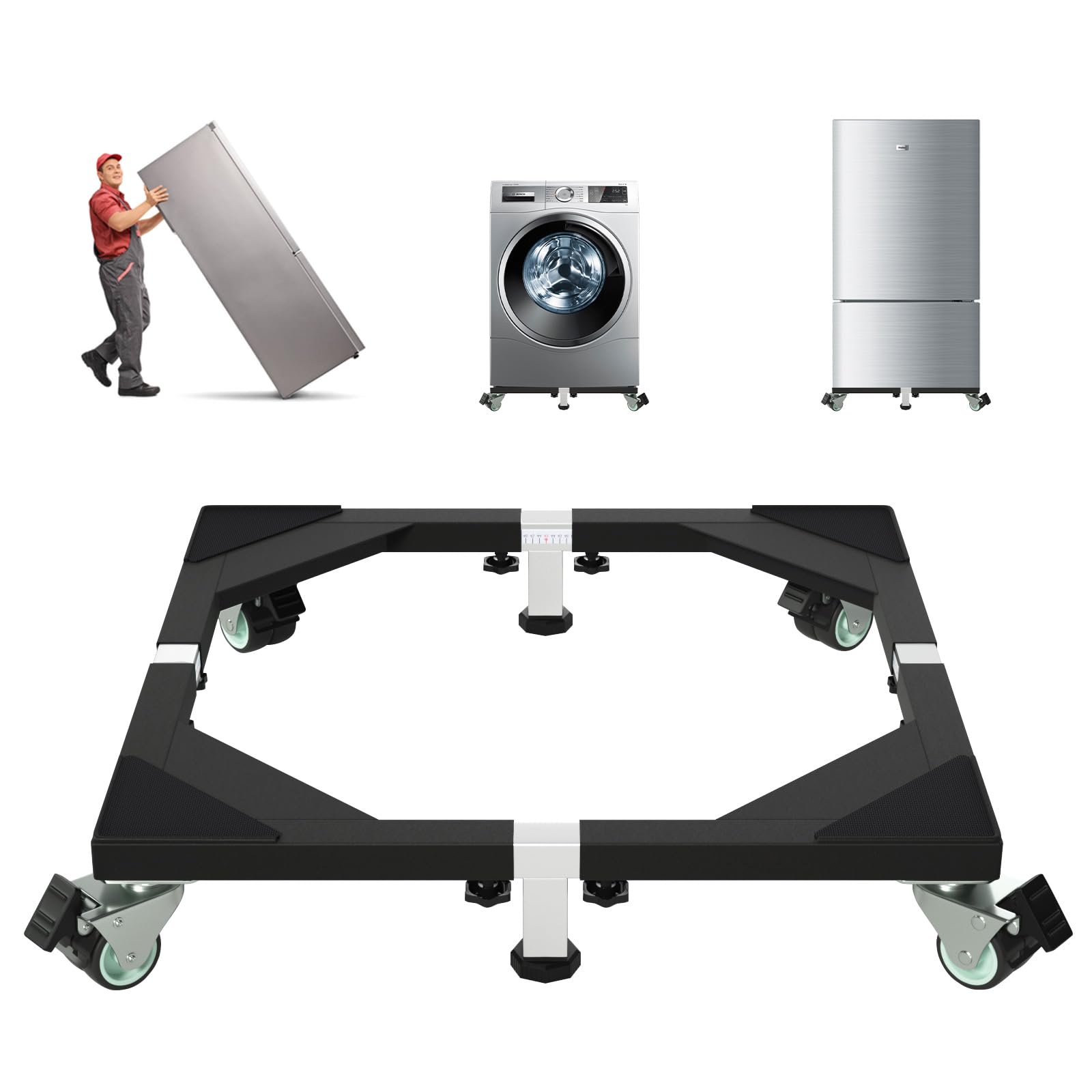 I'Ezonk Heavy Duty All Stainless Steel Mobile Mini Fridge Stand, Refrigerator Stand and Washing Machine Stand with Wheels, Adjustable Furniture Dolly