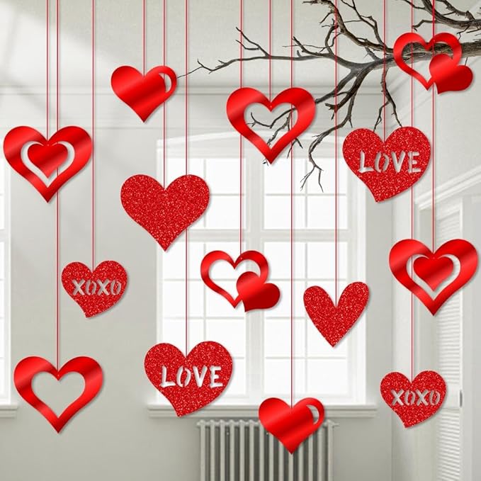 Valentines Hanging Swirl Decorations - 36 Piece Romantic Ceiling Streamers For Party & Office Decor