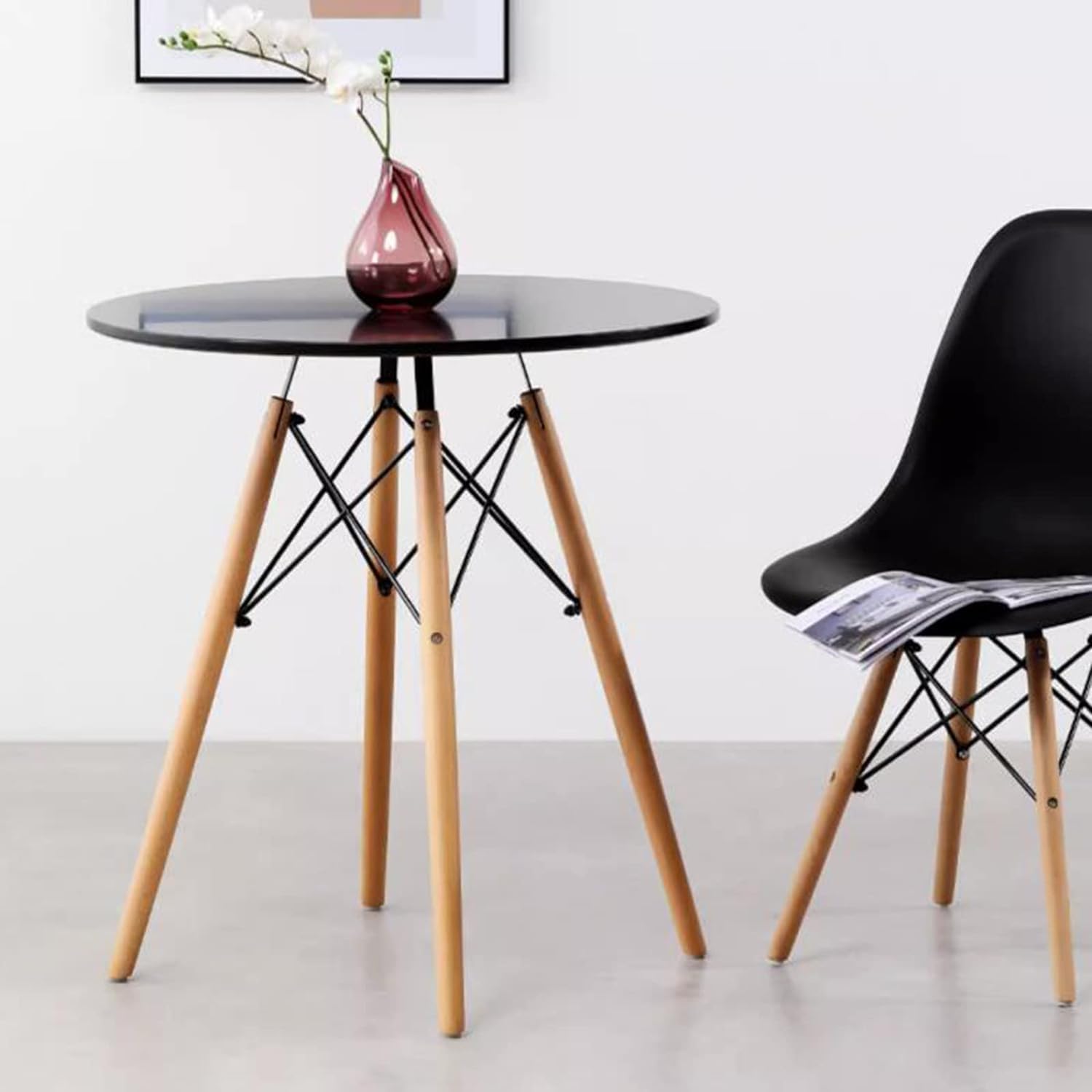 Aimery Office End Table Simple Negotiation Table,Round Sofa Side Table with 4 Wooden Legs, Coffee Table for Dessert Shop Office Study Room (Color : Black, Size : 70 * 75CM)
