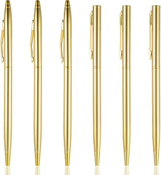Dimeho 6 Pcs Retractable Metallic Black Ink Pens Slim Gold Ballpoint Pens 1.0 mm Medium Point Pen Mini Conical Pens Tiny Smooth Writing Pens for Men Women Office Business Wedding Christmas