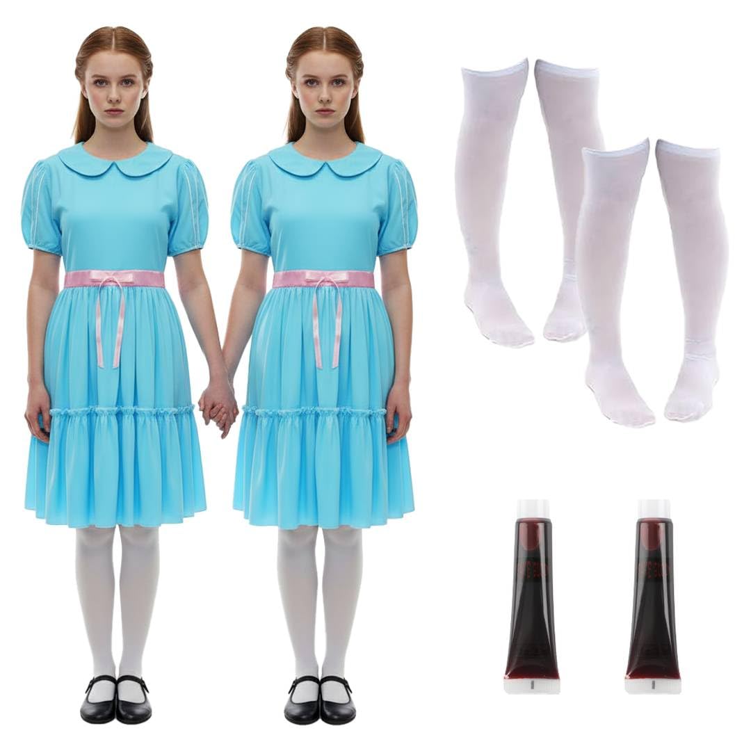 Juego de disfraz de hermanas gemelas malvadas para mujer, 2 vestidos azules, 2 pares de medias blancas, 2 cinturones blancos y sangre falsa, perfecto para disfraces de personajes de película y
