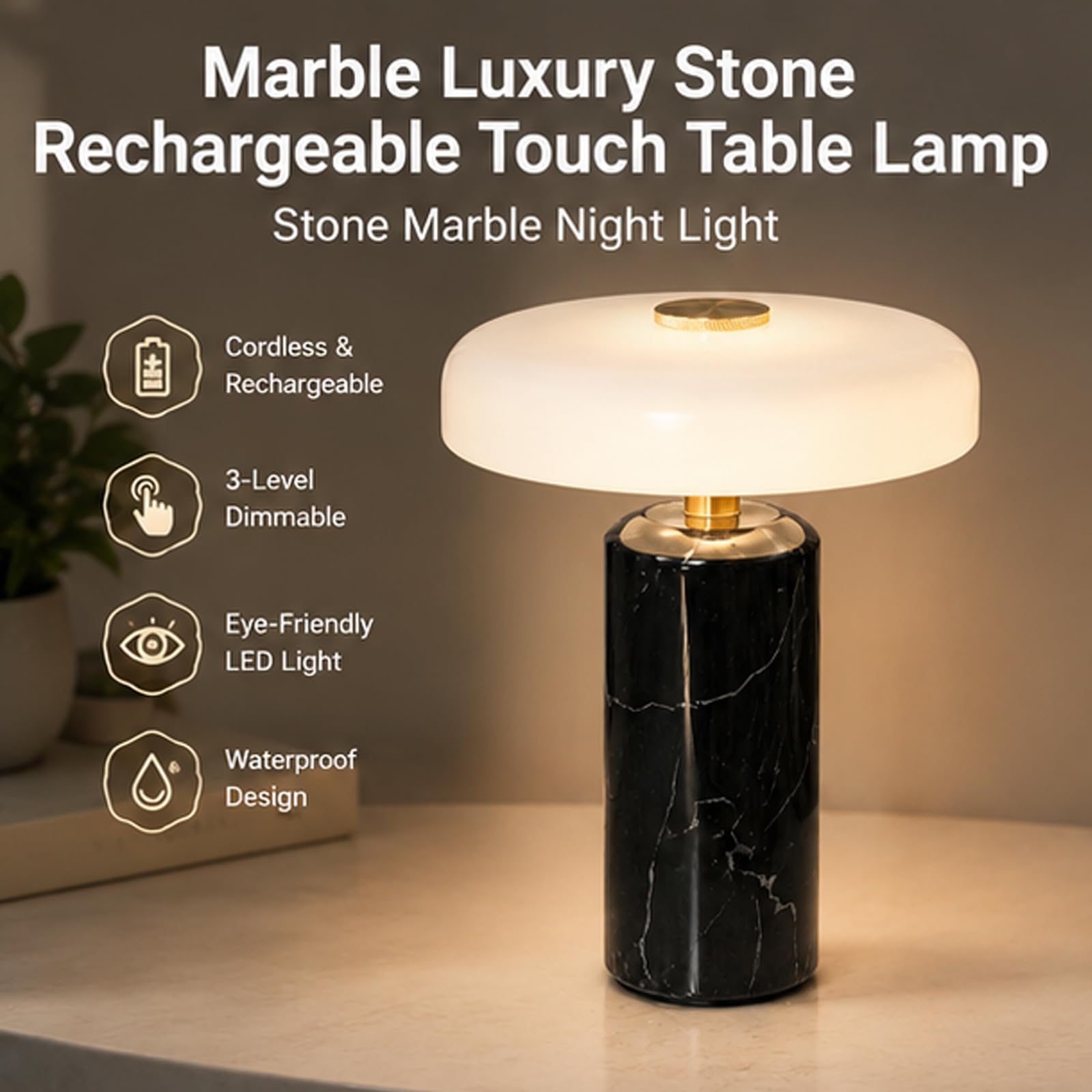 Lámpara de mesa táctil recargable de piedra de lujo de mármol, luz nocturna de mármol de piedra con pantalla de vidrio de leche, luz decorativa/regulable de 3 vías, para dormitorio, sala de estar red