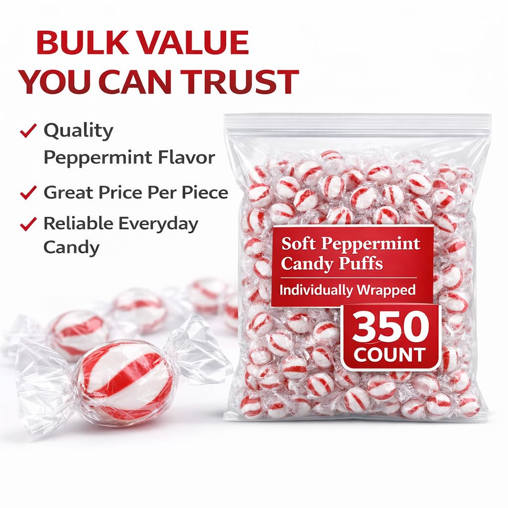 Soft Peppermint Candy Puffs, Red and White Striped, Individually Wrapped, 350 Count (350 Count)