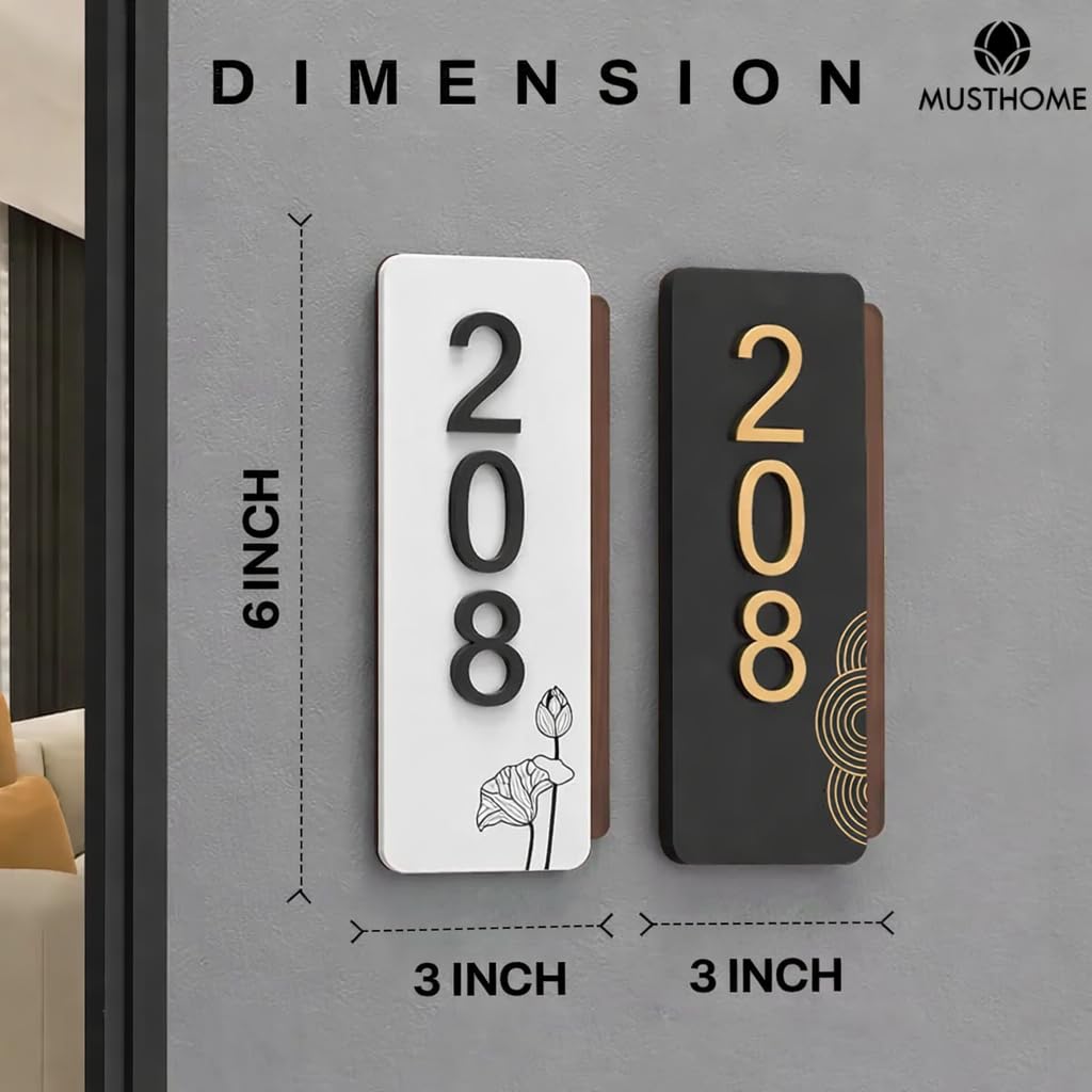 Personalized Name Plate for Home Entrance | Number plate for flat | And Ideal For, Office, and Outdoor Entrances | Wooden Customized House Number Plate | Number plate for Hotel | Easy installation type double sided tape fixed on backside (White Base) — Amazon image 2