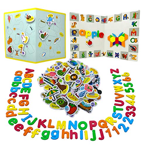210Pcs Magnetic Letters Numbers, Picture Magnets and Shapes Maker for Kids with Double-Sided Magnet Board - ABC Uppercase Lowercase Foam Alphabets Spelling Learning Set in Classroom at Home