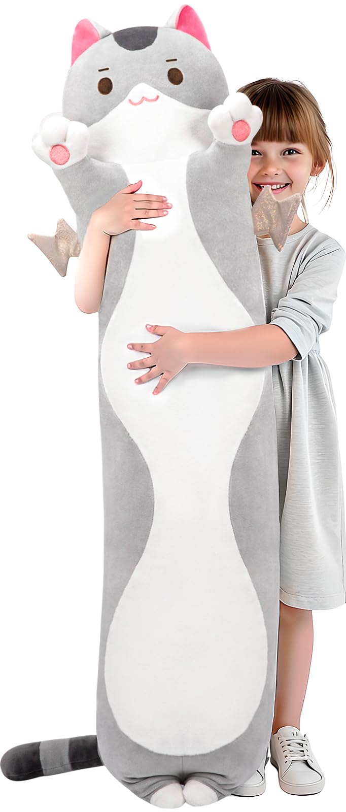 Mewaii Long Cat Plush 5 Sizes, 120% Extra Filling Giant Plushness Kids Body Pillow, Kawaii Cute Grey Cat Stuffed Animals Plushies, Big Long Body
