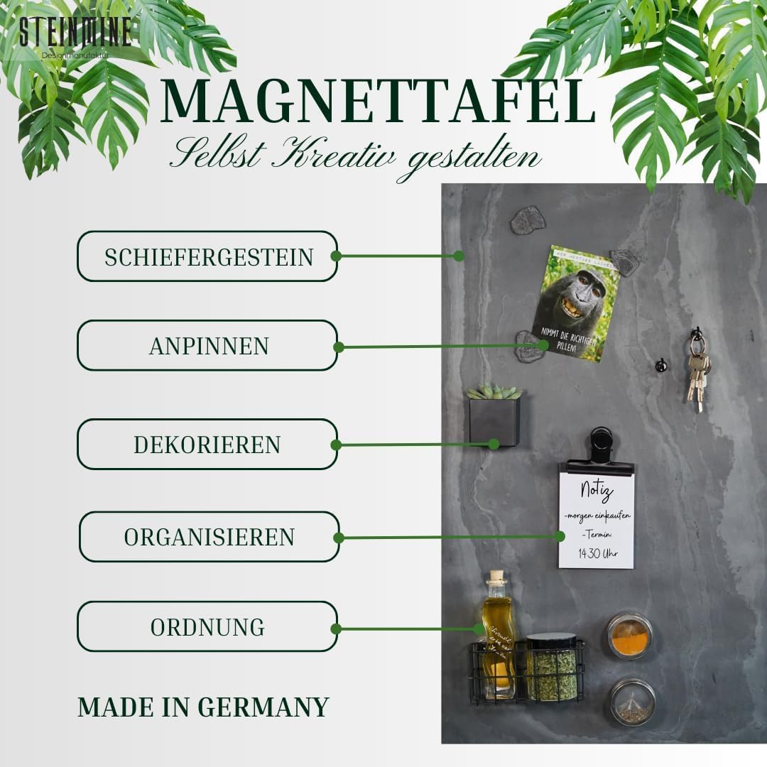 Magnettafel Schiefer 4 In 1 (Magnetwand+Kreidetafel+Pinnwand) Naturstein Magnetboard inkl 1 x Steinmagnet und 1x Kreidestück in verschiedenen Steinarten und Größen (Grey Impact, 80cm x 61cm)