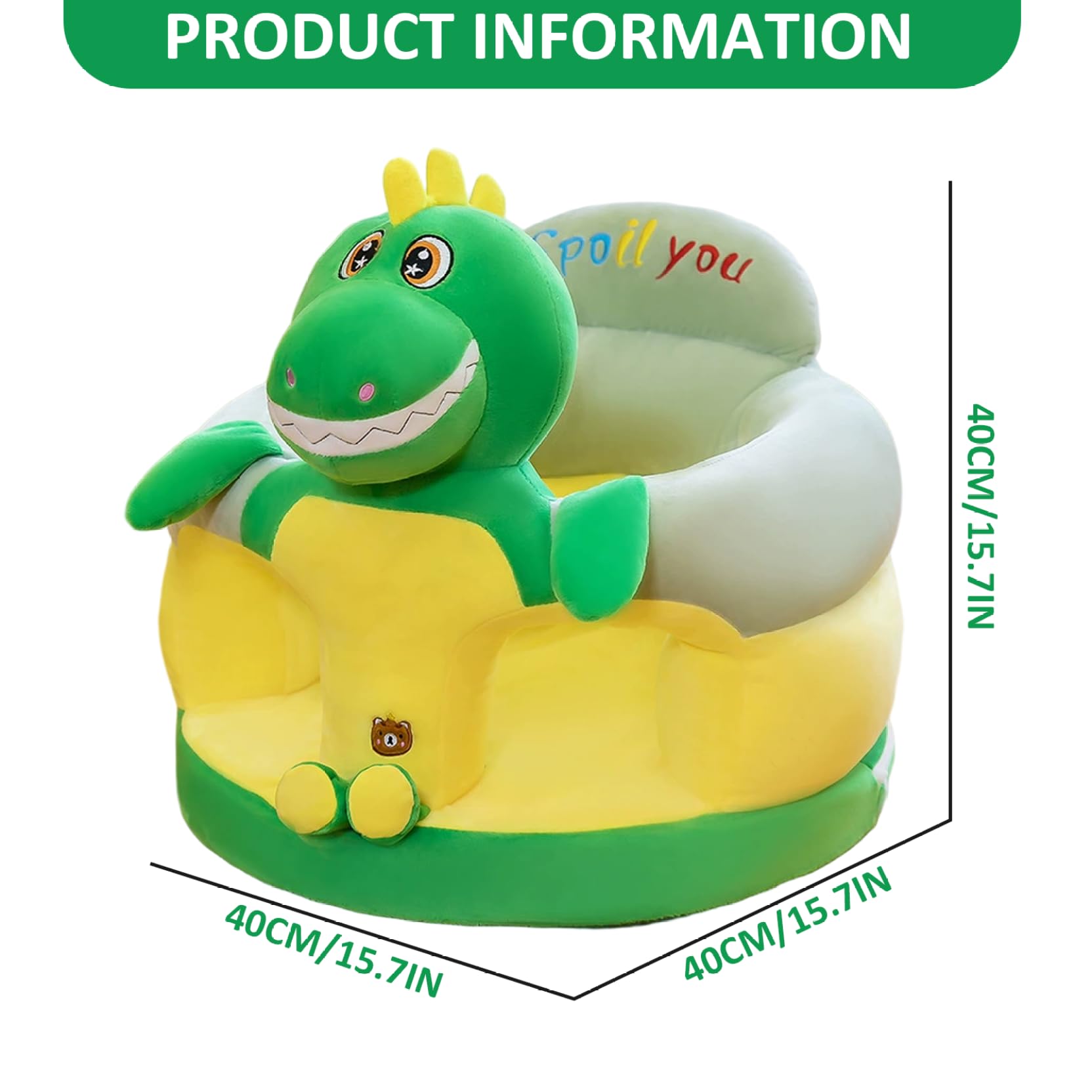Lindo dinosaurio de dibujos animados de peluche bebé sentarse silla sentado apoyo en verde
