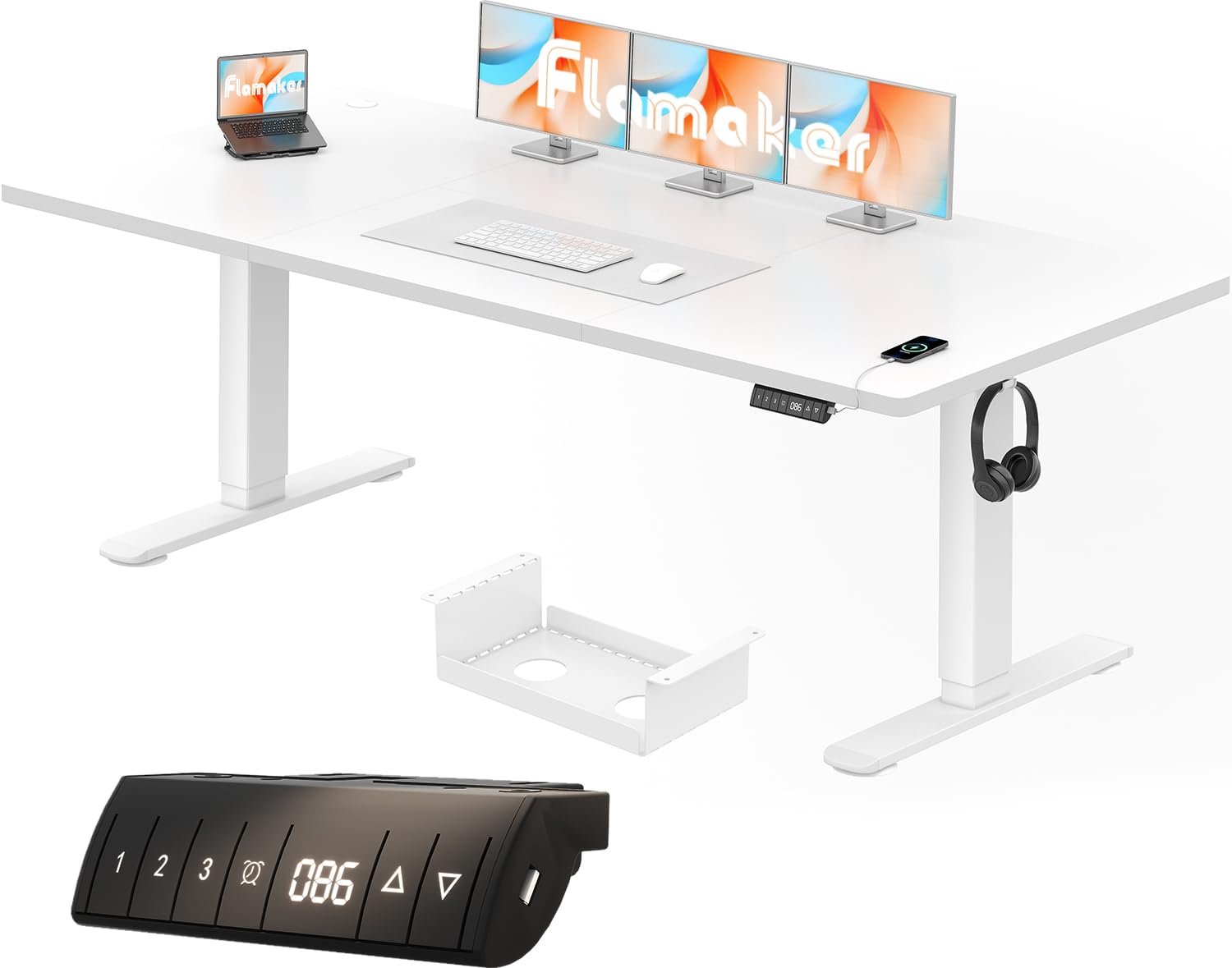 Flamaker Höhenverstellbarer Schreibtisch 200 x 80 cm mit 18 mm Tischplatte | Elektrisch Höhenverstellbarer Bürotisch mit Memory-Funktion, Computertisch mit Kabelwannefür Büro und Homeoffice, Weiß
