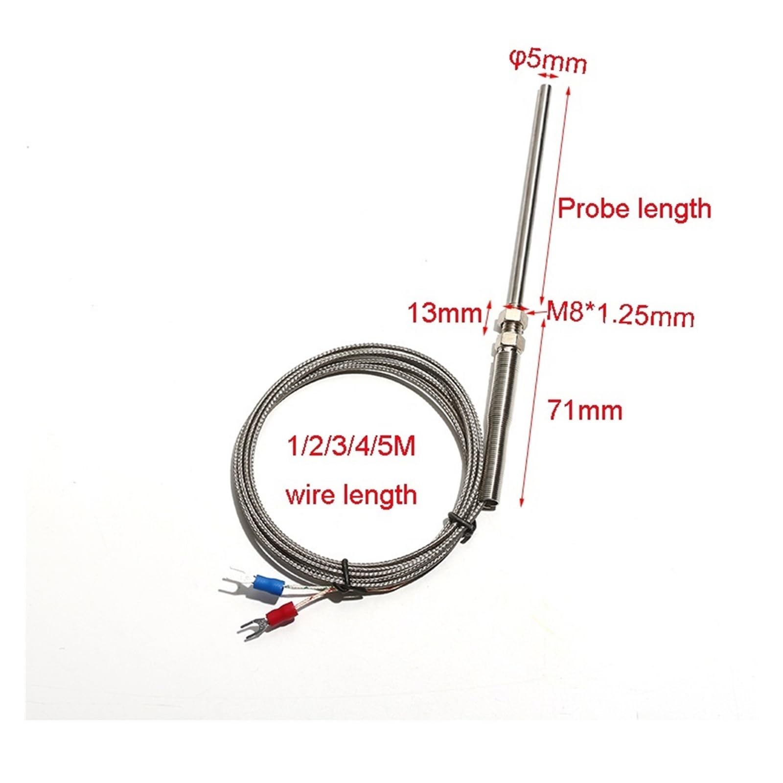 Sensor termopar PT100 M8x1.25 termostato de temperatura sonda de acero inoxidable 5x30/50/100/150/200mm(Probe 5x200mm,5M Cable length)